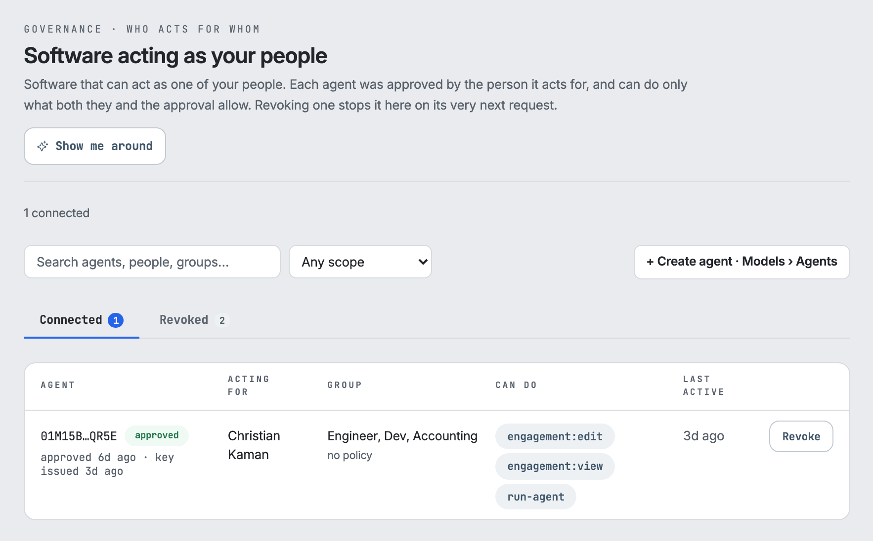 The roster of connected AI agents: each one's name and approval, the human it acts for, its group, the three things it is allowed to do, when it was last active, and the button that revokes it