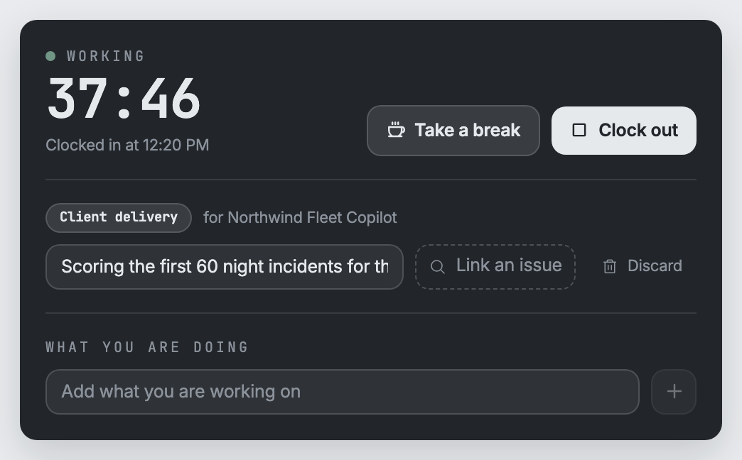 The project clock running: the word Working, a large timer, the time it was clocked in at, the kind chip reading client delivery, and the Take a break and Clock out buttons