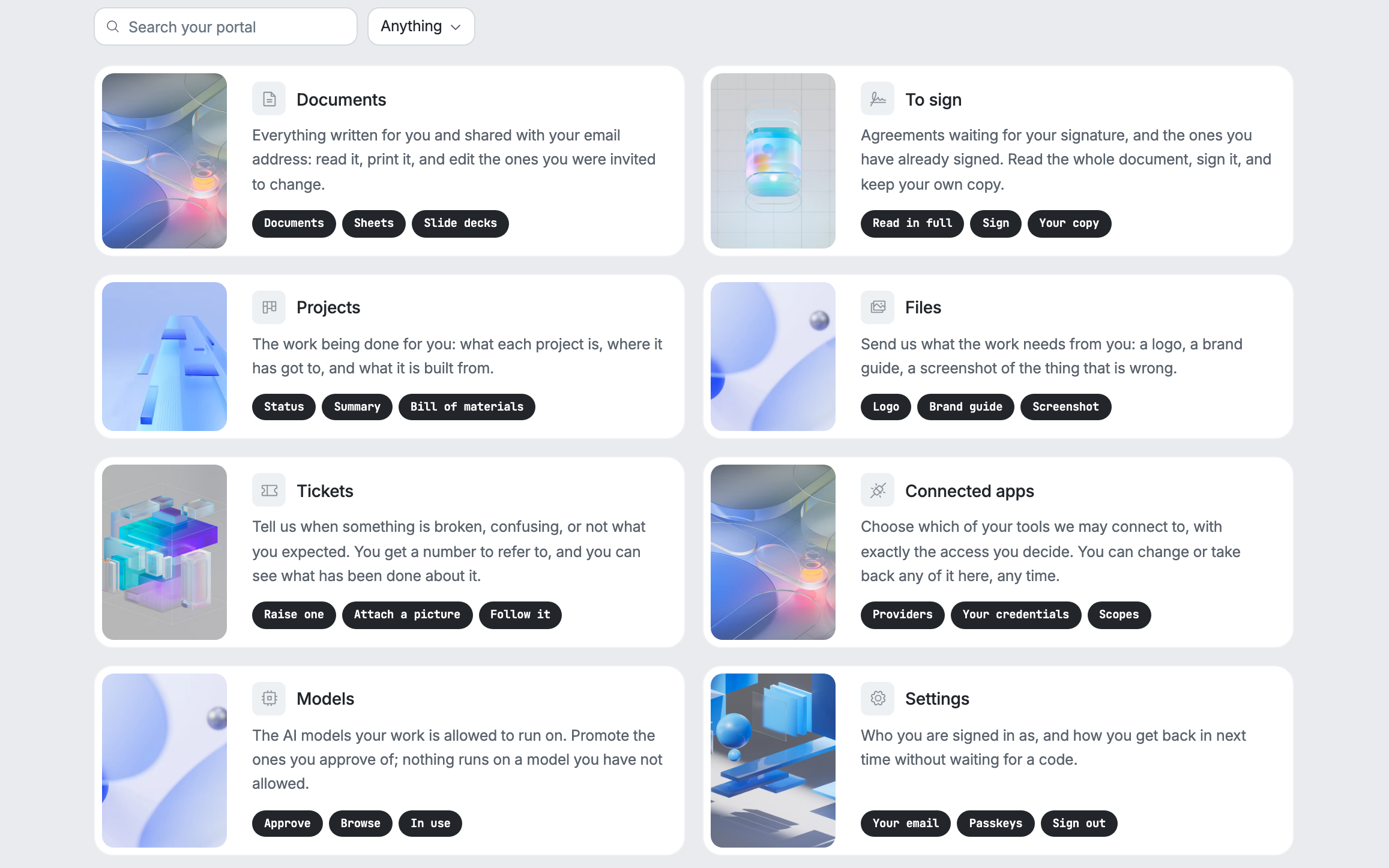 The portal home: a search box over eight cards - Documents, To sign, Projects, Files, Tickets, Connected apps, Models and Settings - each saying in a sentence what it holds