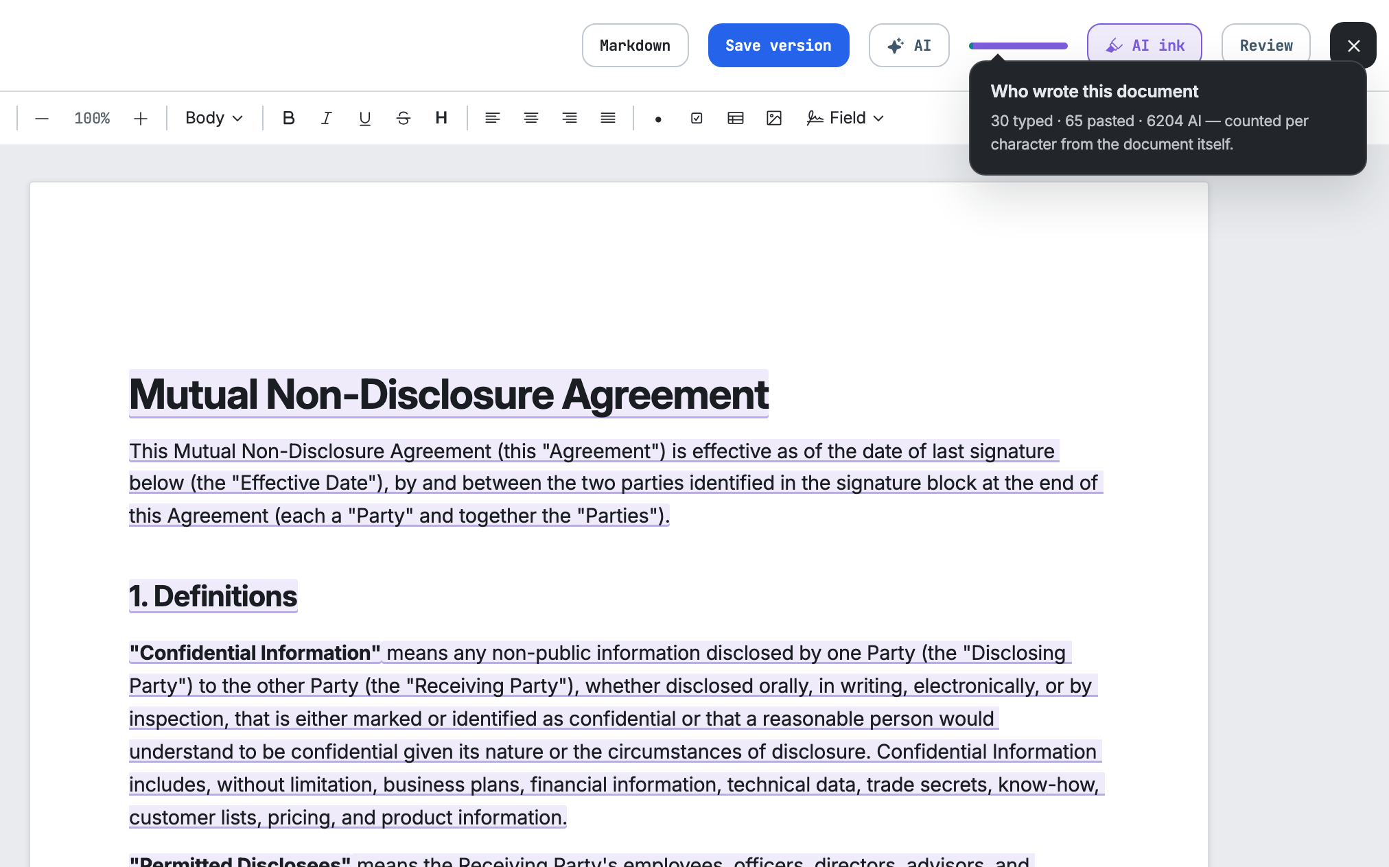 A contract open in the editor with the authorship lens on: every sentence underlined by where it came from, and a panel counting how much of it was typed, pasted or written by an AI agent